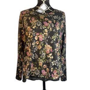 Wallpapher Gray Floral Print Whimsigoth Ribbon Tie Back Cottage Core Top Size MD